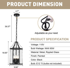 10" Modern 5-Light Exterior Black Lantern Pendant Light Fixture with Clear Rippled Glass Mini Industrial Hanging Cage