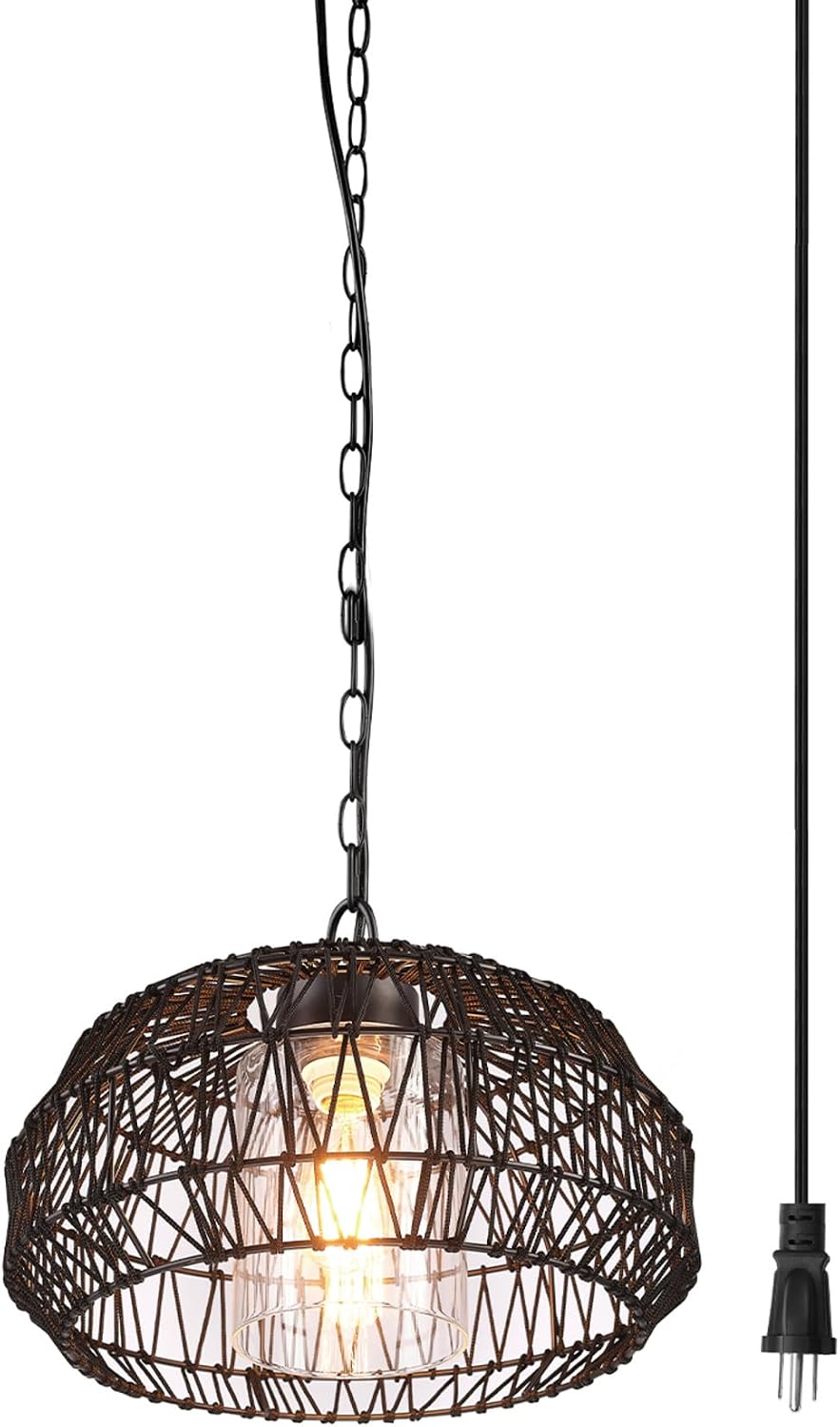 1-Light Outdoor/Indoor Plug-in Pendant Light, Black Woven Fabric Shade, Matte Black Finish, 20-Foot Designer Cord