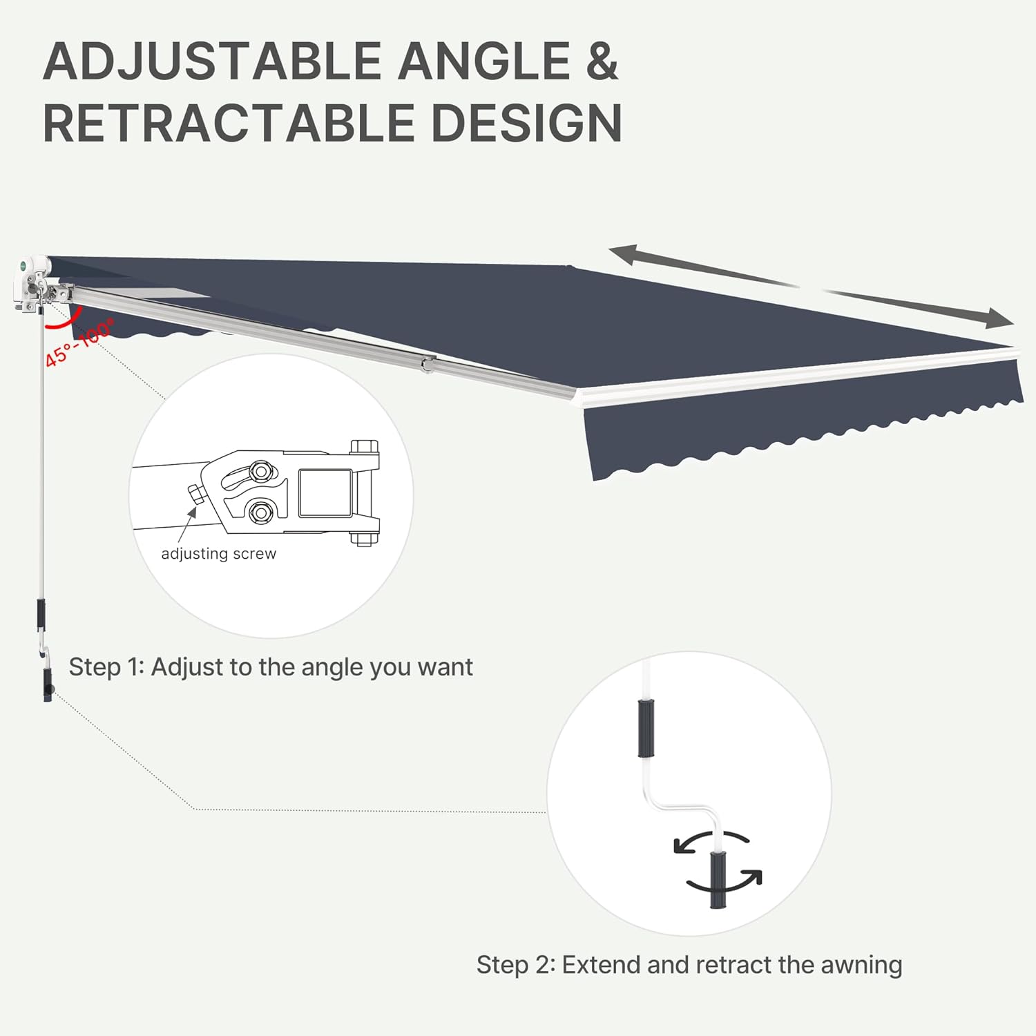 10'x8' Patio Manual Retractable Awning Fully Assembled, Blue | Aluminum Frame, 280G Polyester, Water-Resistant