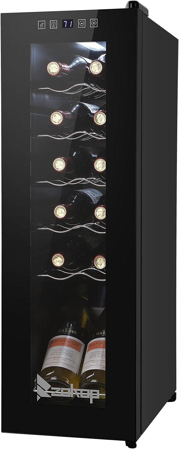 10''W Small Wine Fridge with Compressor, 12 Bottles Freestanding Wine Cooler Refrigerator with Touch Panel Control and Glass Door, Wine Cellar for Red, White, Champagne or Sparkling, 41-64°F