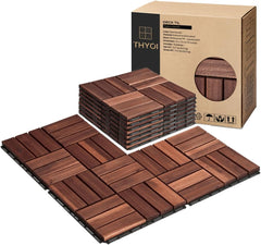 10 Pcs Deck Tiles, Patio Flooring - Outdoor Waterproof Acacia Wood Tiles for All Weather Use - Balcony, Backyard