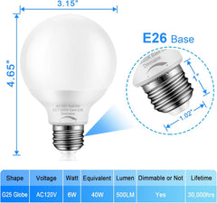 10 Pack Dimmable G25 Globe Light Bulbs LED, 6W=40W Replacement, Daylight White 5000K, E26 Medium Base, Ideal for Bathroom Vanity, Makeup Mirror or Sputnik Light, 120V, Round Light Bulbs