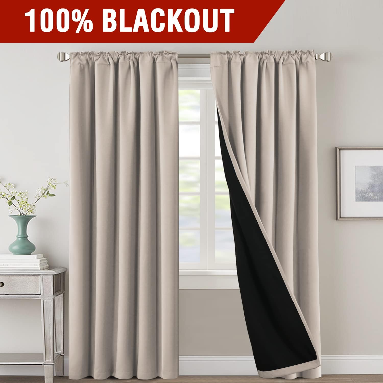 100% Blackout Curtains for Bedroom with Black Liner Full Room Darkening Curtains Thermal Insulated Back