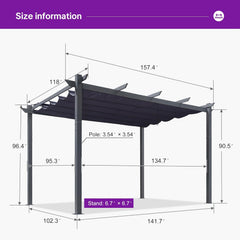 10' x 13' Aluminum Outdoor Pergola Wind-Resistant Retractable Pergola with Double Sun Shade Canopy Heavy-Duty Metal