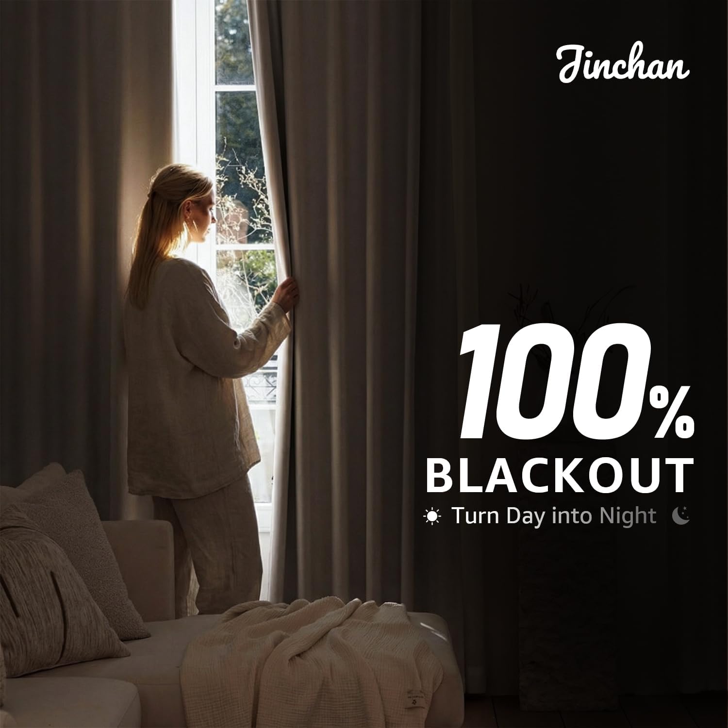 100% Blackout Curtains for Bedroom Decor White Linen Textured Curtains with Liner Insulated Thermal Curtains