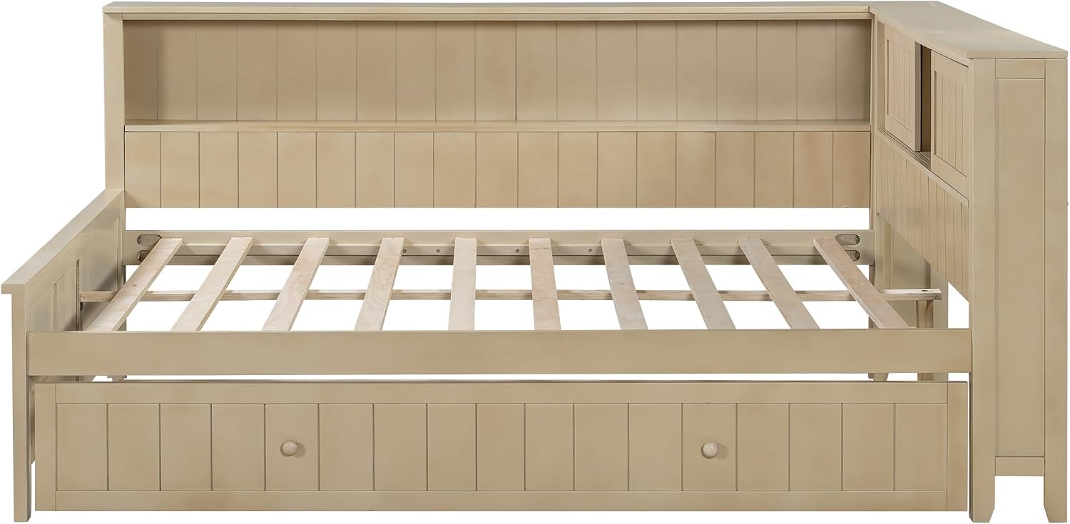 & Bright Designs Full Size Daybed with Trundle and Shelves, Wood Corner Bed Frame with Bookcase and Headboard for