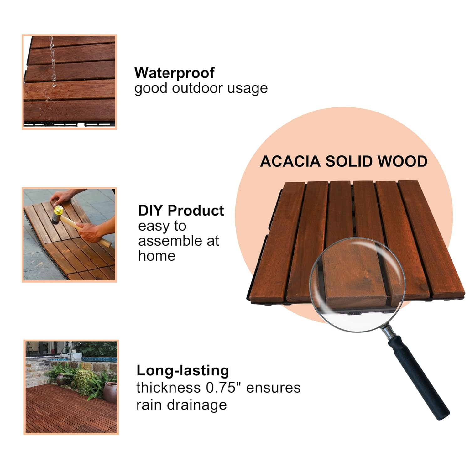 10 PCS Interlocking Deck Tiles, Solid Wood Patio Flooring Outdoor Waterproof, 12"x12"x0.8" Acacia Wood Tiles, Patio