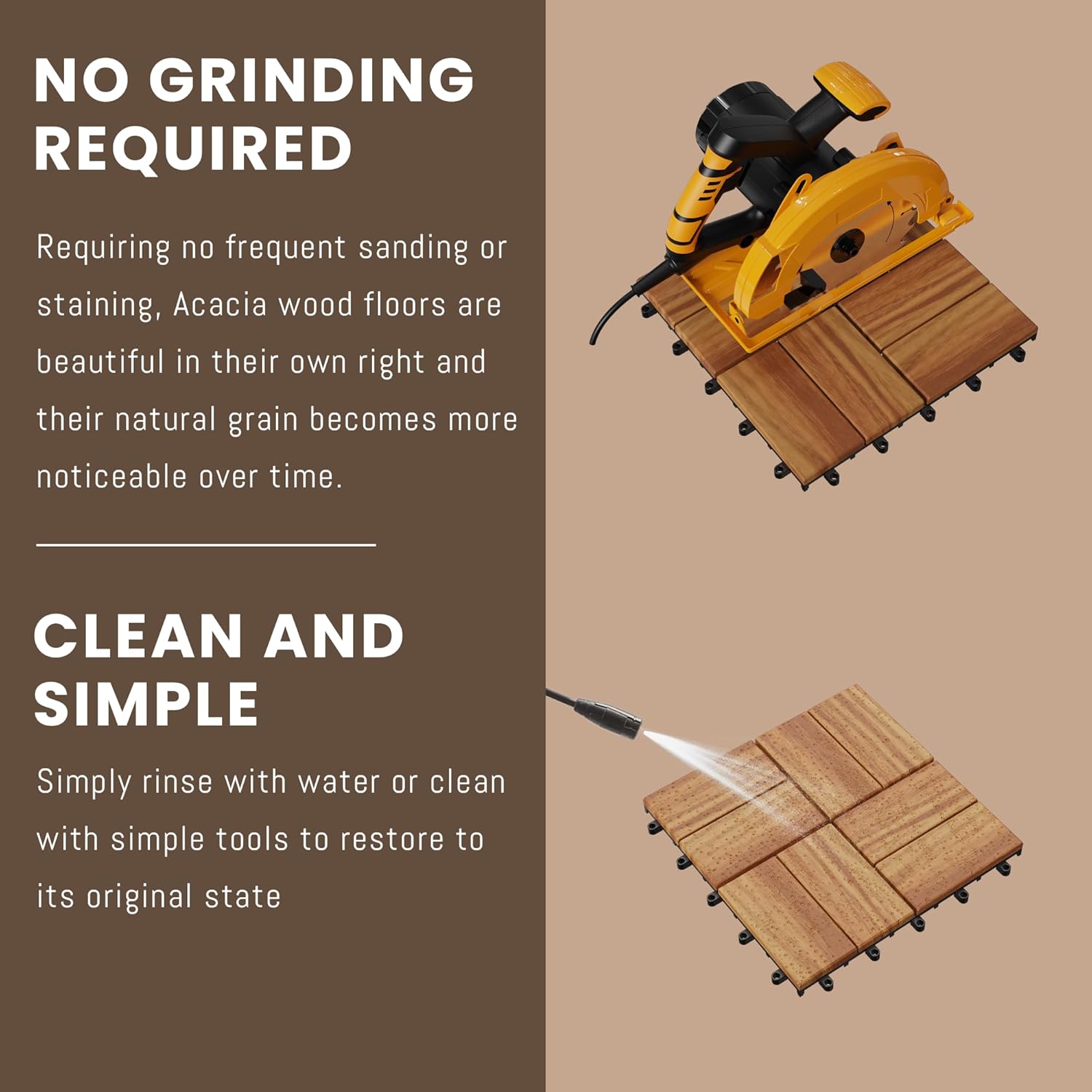 10 PCS 12" x 12" Acacia Deck Tiles, Waterproof Interlocking Deck Tiles for Indoor/Outdoor Wood Flooring, Snap Together
