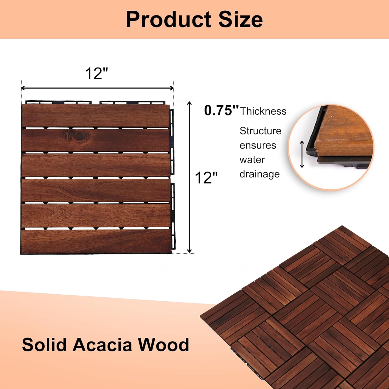 10 PCS Interlocking Deck Tiles, Solid Wood Patio Flooring Outdoor Waterproof, 12"x12"x0.8" Acacia Wood Tiles, Patio