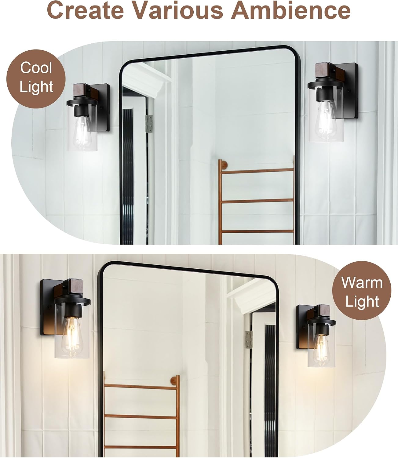 1-Light Wall Sconces Set of 2, Farmhouse Bathroom Vanity Light Fixtures, Wood Grain Black Wall Mount Light with Clear