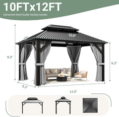 10'x12' Gazebo Hardtop Gazebo, Aluminum Frame Pergola with Double Galvanized Steel Roof