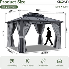 10'x12' Hardtop Gazebo, Metal Frame Permanent Pavilion with Curtains and Netting