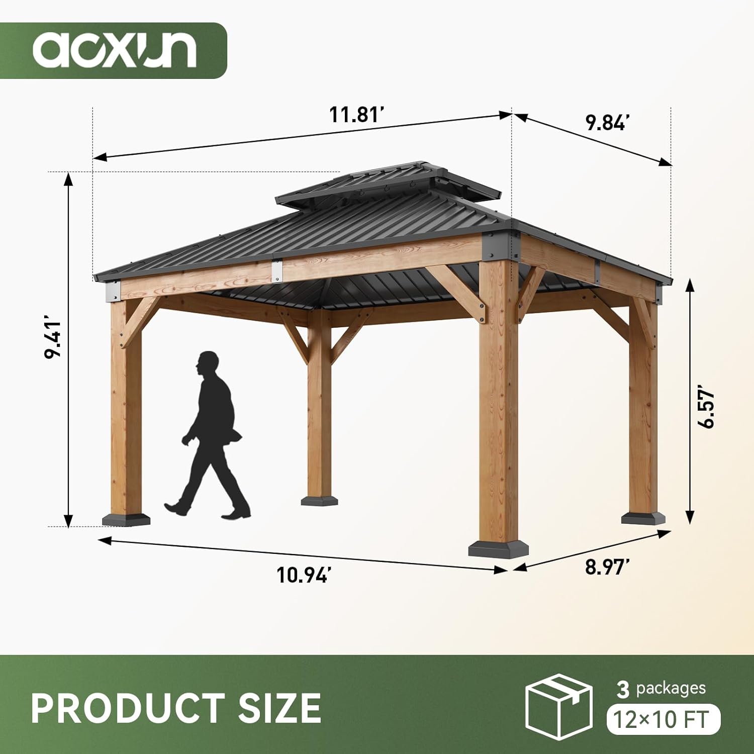 10' x 12' Outdoor Wood Gazebo, Hardtop Gazebo Permanent Wooden Pavilion with Galvanized Steel Double Roof