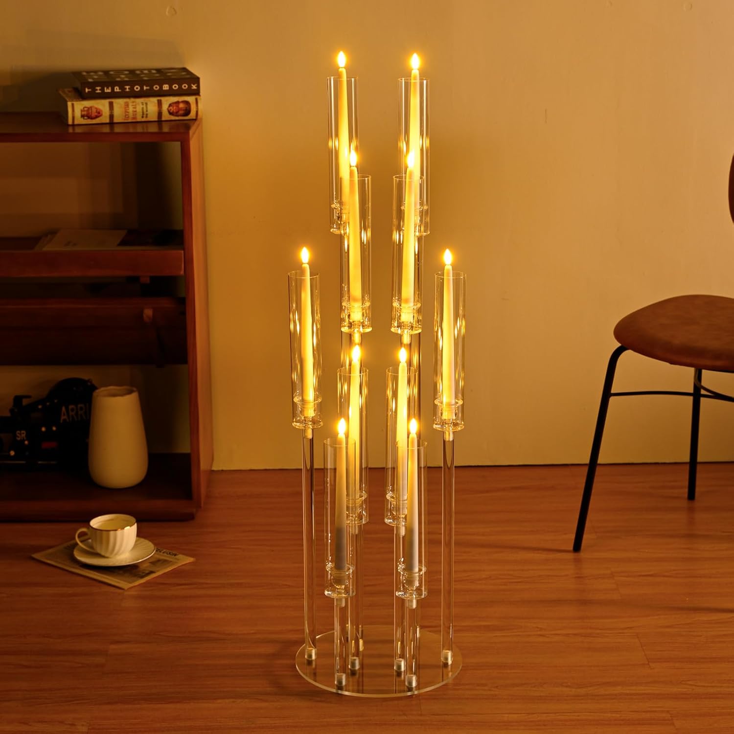 10 Arm Acrylic Candelabra Centerpieces, Floor Clear Tall Candlesticks Holder with Removable Lampshade, Fit 0.82" LED