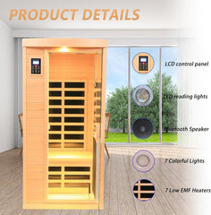 1 Person Low EMF FAR Infrared Sauna, Canadian Hemlock Home Saunas, 6 Heating Panels Personal Sauna Room,1460watt Indoor Saunas with LED Reading Lamp, LCD Display-Control, Bluetooth Speakers