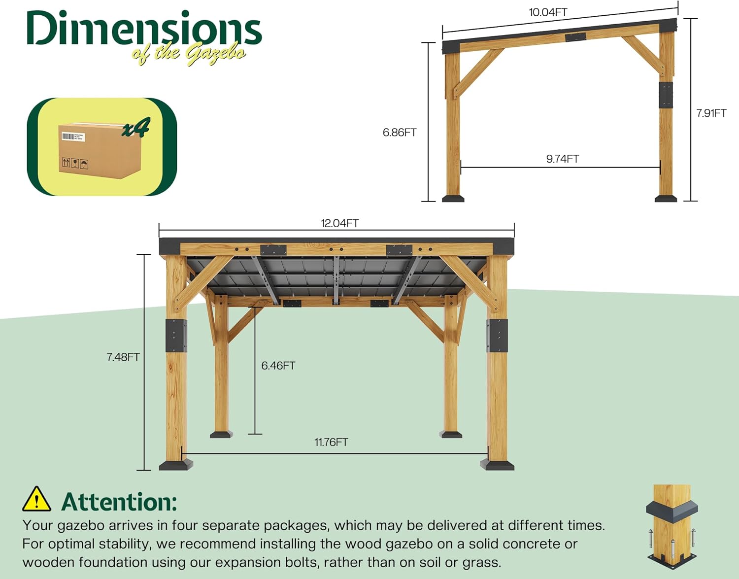 10' x 12' Cedar Wood Gazebo with Sloped Galvanized Steel Roof, Hardtop Gazebo Pavilion with Durable