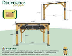 10' x 12' Cedar Wood Gazebo with Sloped Galvanized Steel Roof, Hardtop Gazebo Pavilion with Durable