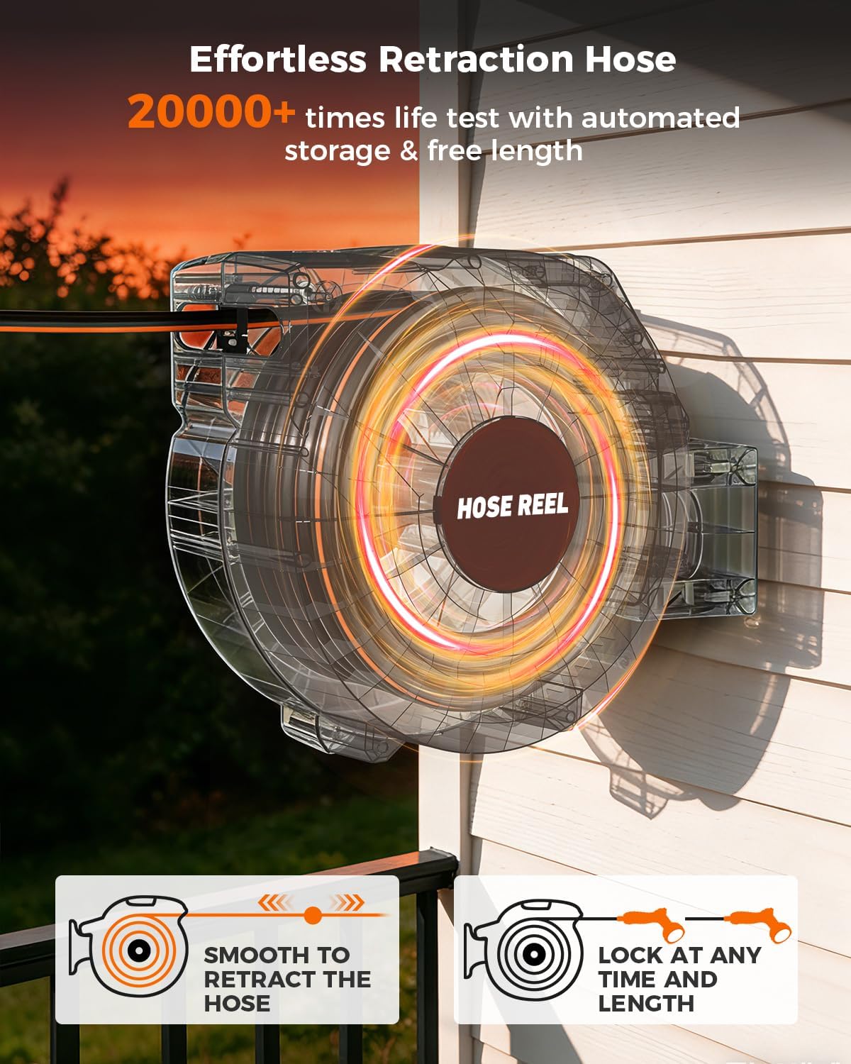 100 FT 1/2 Inch Retractable Garden Hose Reel Wall-Mounted 180° Swivel 9-Patern Nozzle Automatic Slow Return Any