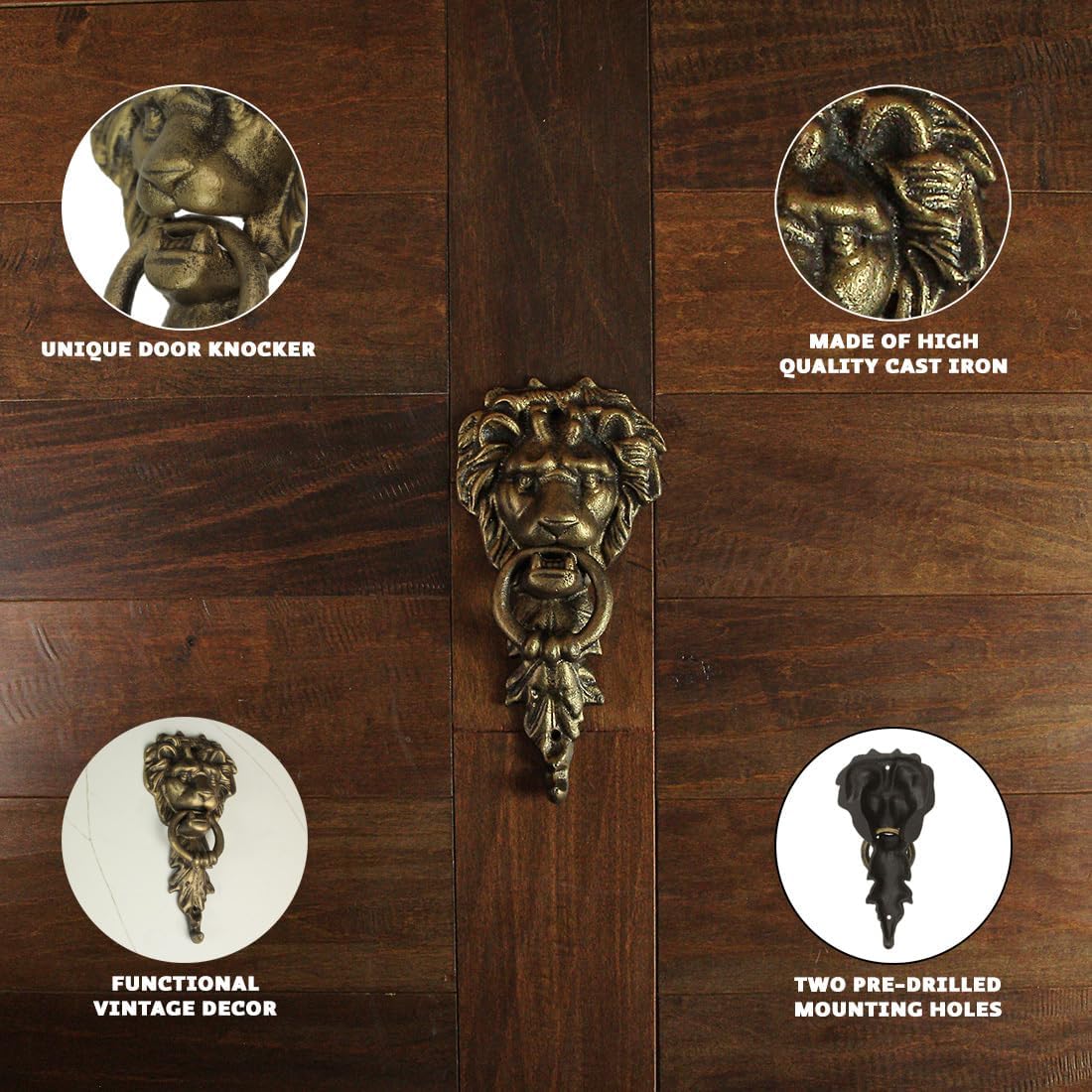 10 Inch High Bronze Finish Cast Iron Lion Head Vintage Style Door Knocker - Easy to Install