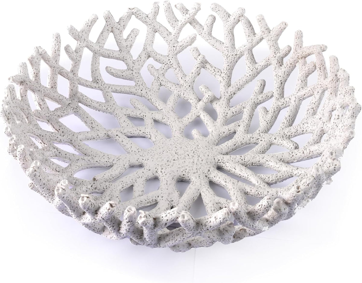 10-Inch White Resin Coral Bowl, Handcrafted Hollow Carved Coastal Art Decor | Handcarved hollow resin coral