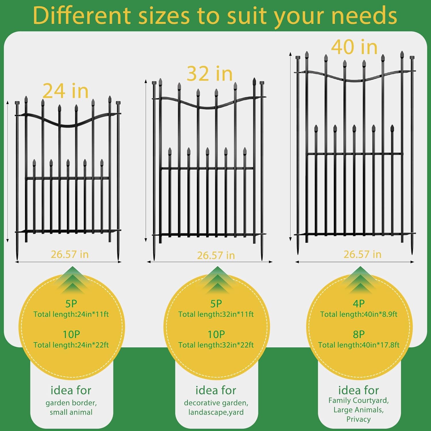 10 Panels No Dig Decorative Garden Fence with Gate, 24in(H) × 22ft(L) Heavy-Duty Rustproof Metal Panels, Outdoor Dog