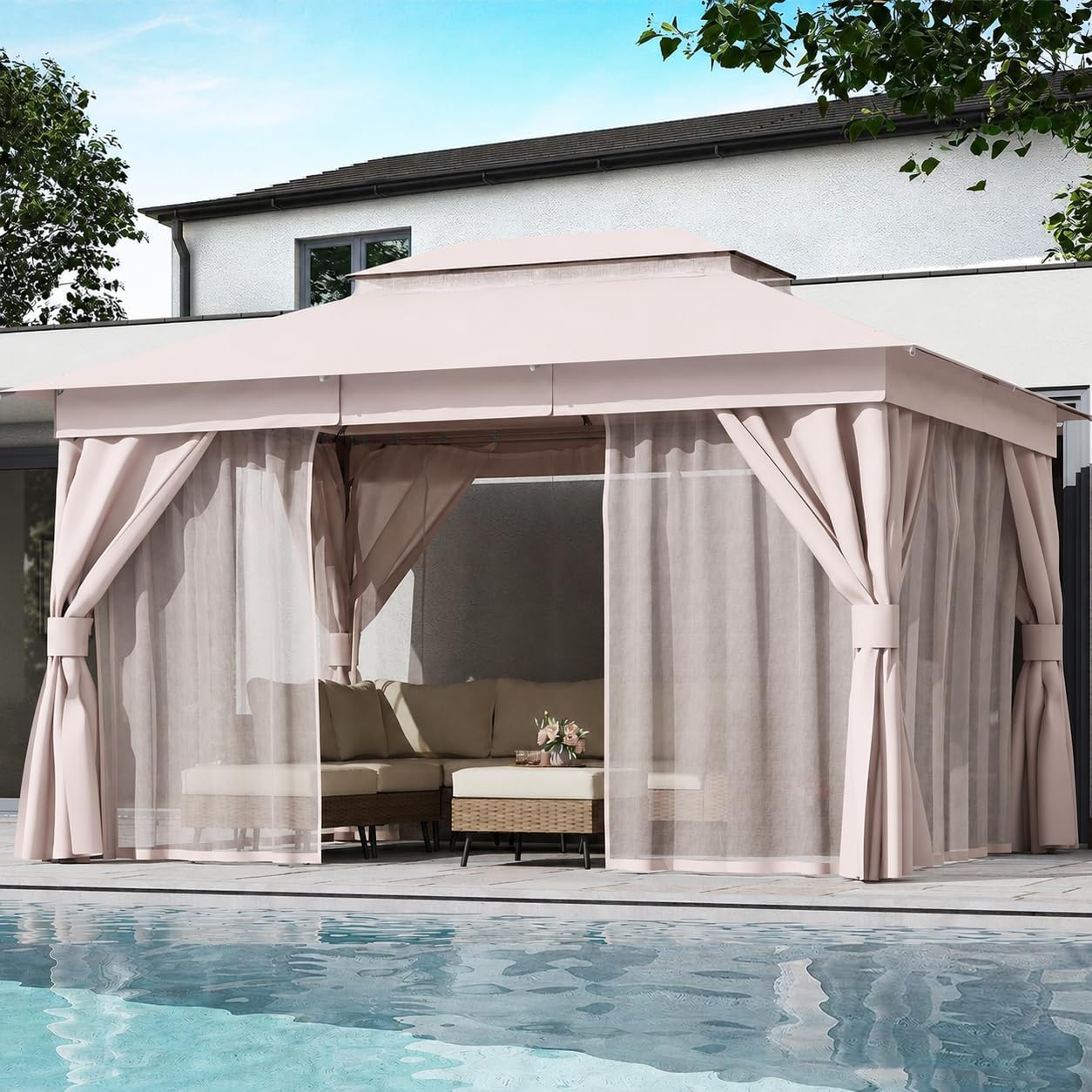 10'x13' Outdoor Gazebo, Metal Frame Heavy Duty Patio Canopy Tent Shelter with Double Roofs - Khaki