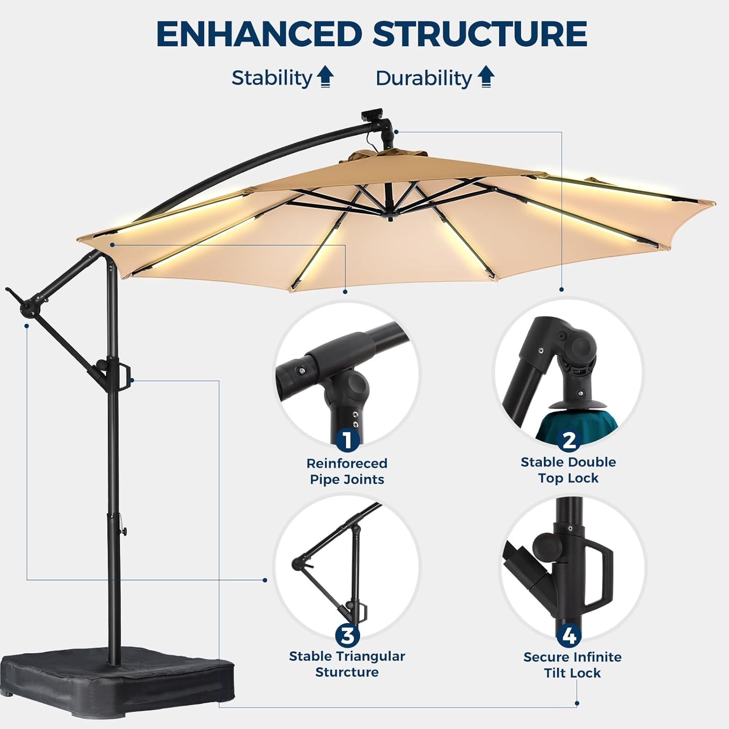 10 ft Offset Patio Umbrella with Solar Lights, LED Lighted Umbrella Outdoor Patio with Base Included - Beige