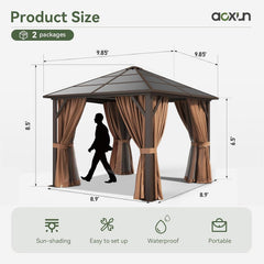 10'x10' Hardtop Gazebo, Outdoor Polycarbonate Top Canopy, Aluminum Frame Gazebo with Netting and Curtains