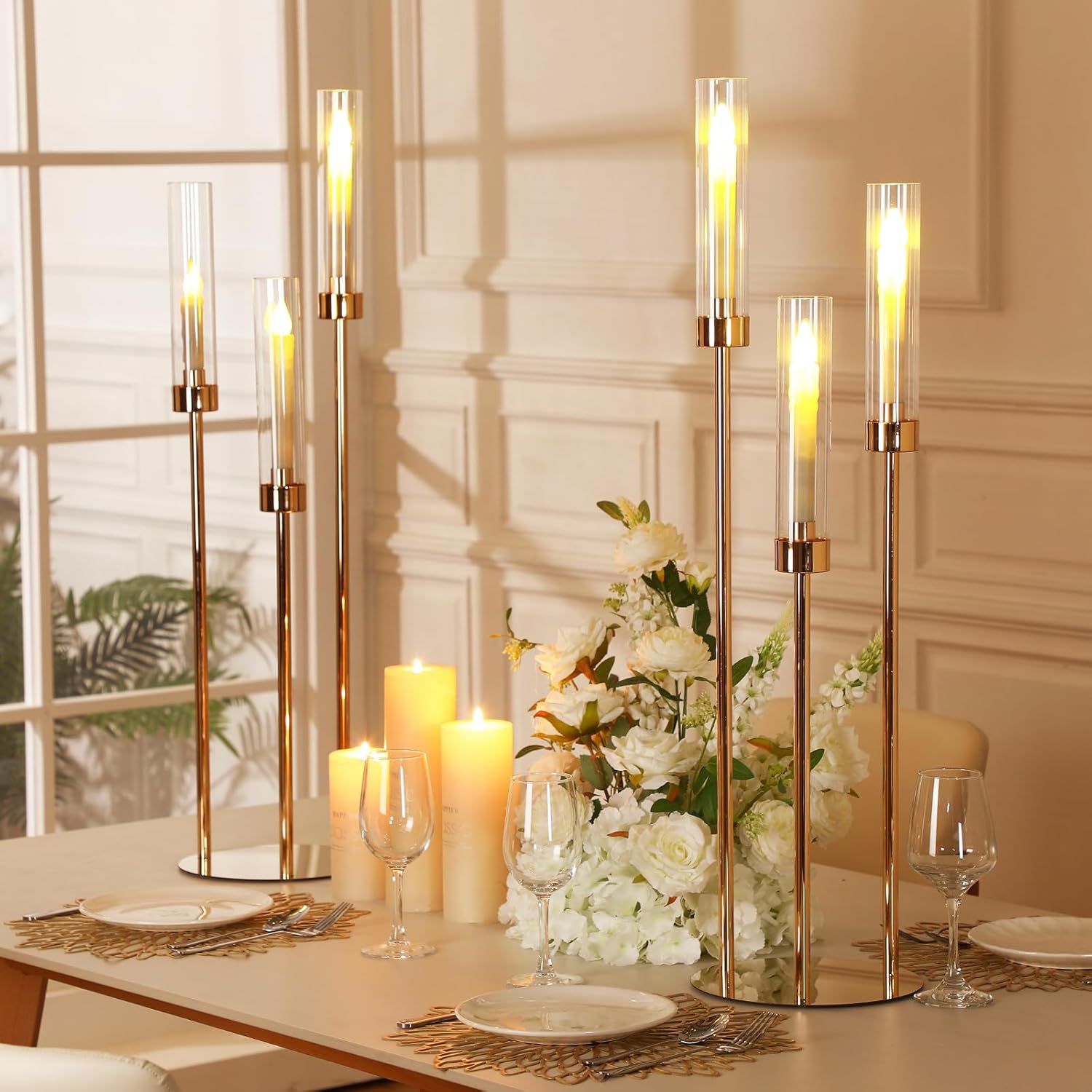 10 Set 3 Arm Candelabra Centerpiece 33.8 Inch Candle Holder Gold Candelabra Metal Floor Pillar Candlesticks for Tables Wedding Home Party Decoration