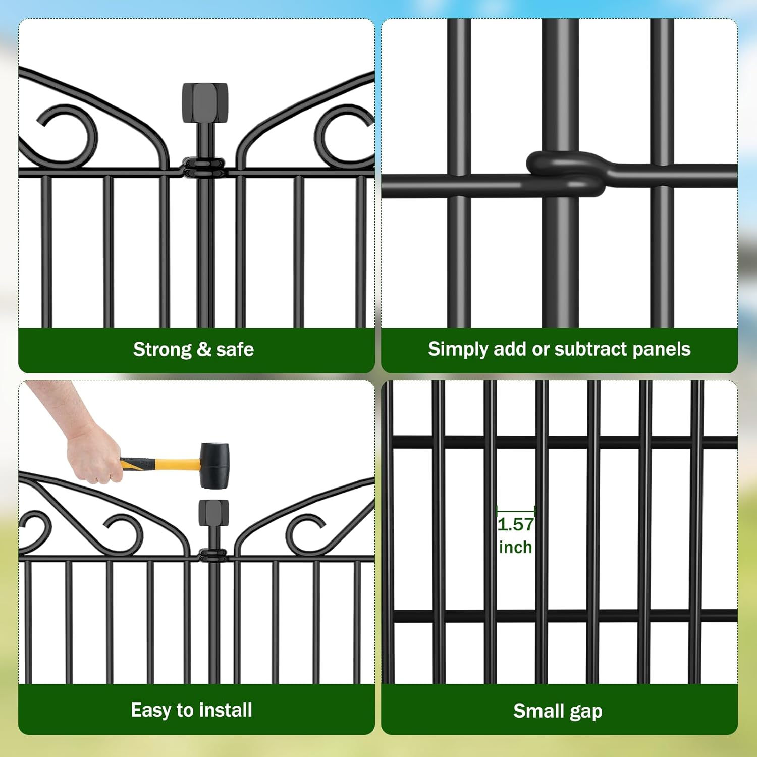 10 Panel No Dig Decorative Garden Fence - 48in H x 22.6 ft L, Tall Animal Barrier for Dogs Rabbits, Rustproof Metal