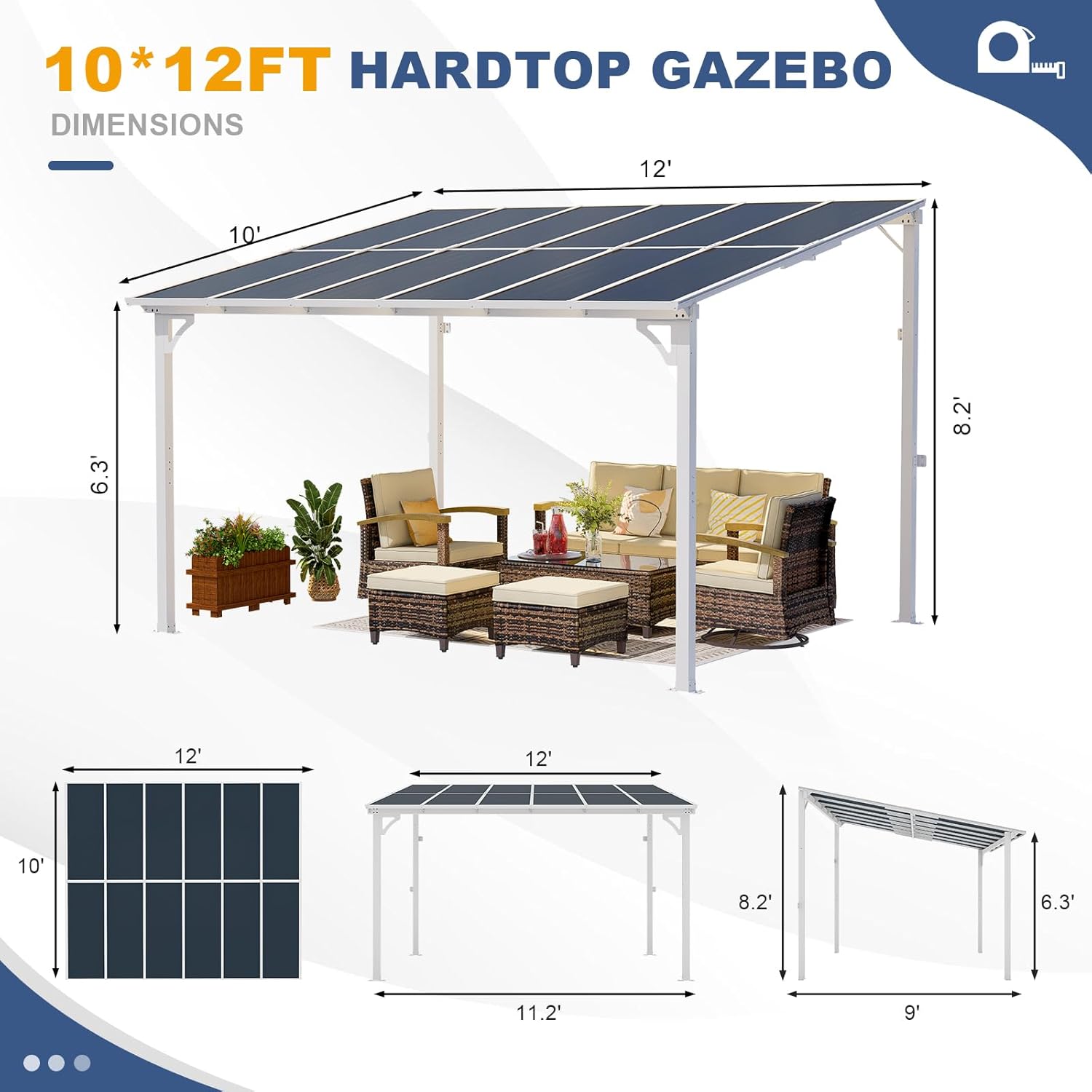 10' x 12' Wall Mounted Lean to Metal Awnings with Sloped Roof, Outdoor Patio Gazebo Awning for Backyard