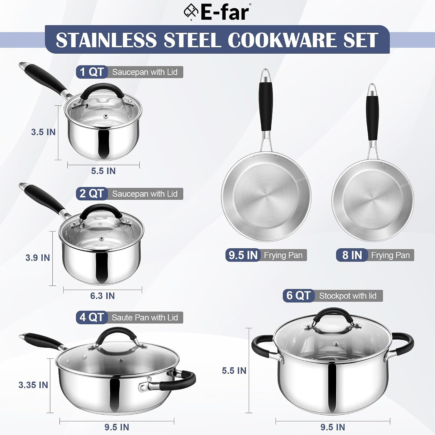 10-Piece Stainless Steel Cookware Set - Induction Pots and Pans Set | Tri-Ply Base with Stay-Cool Handles, Dishwasher