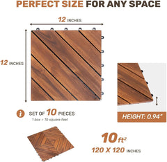 10 PCS Interlocking Deck Tiles, 12" x 12" Acacia Wood Patio Tiles with Diagonal Pattern, Weather-Resistant Snap