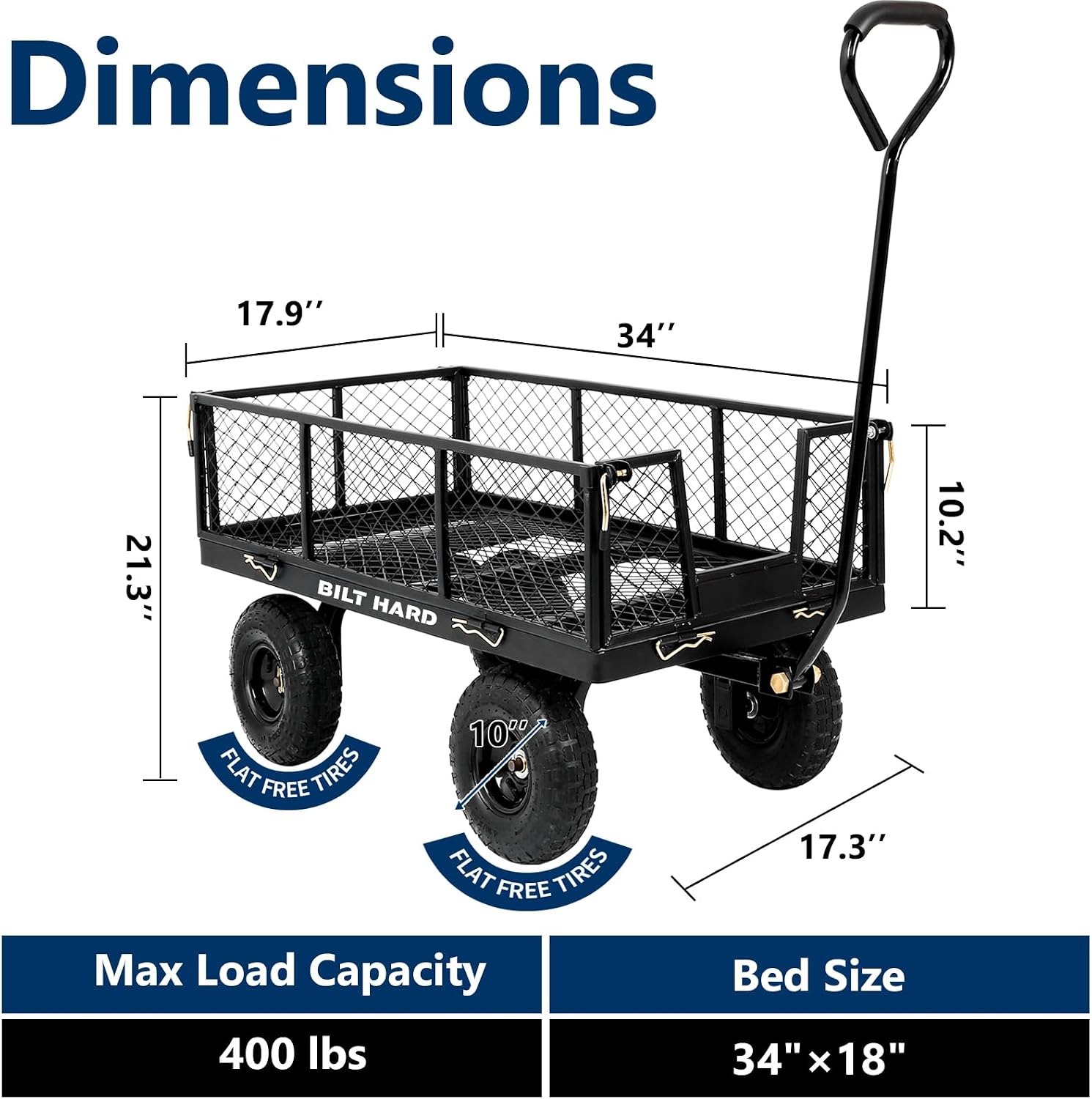 10" Flat Free Tires Heavy Duty Garden Cart with 180° Rotating Handle and Removable Sides, 4 Cu.Ft 400 lbs Capacity