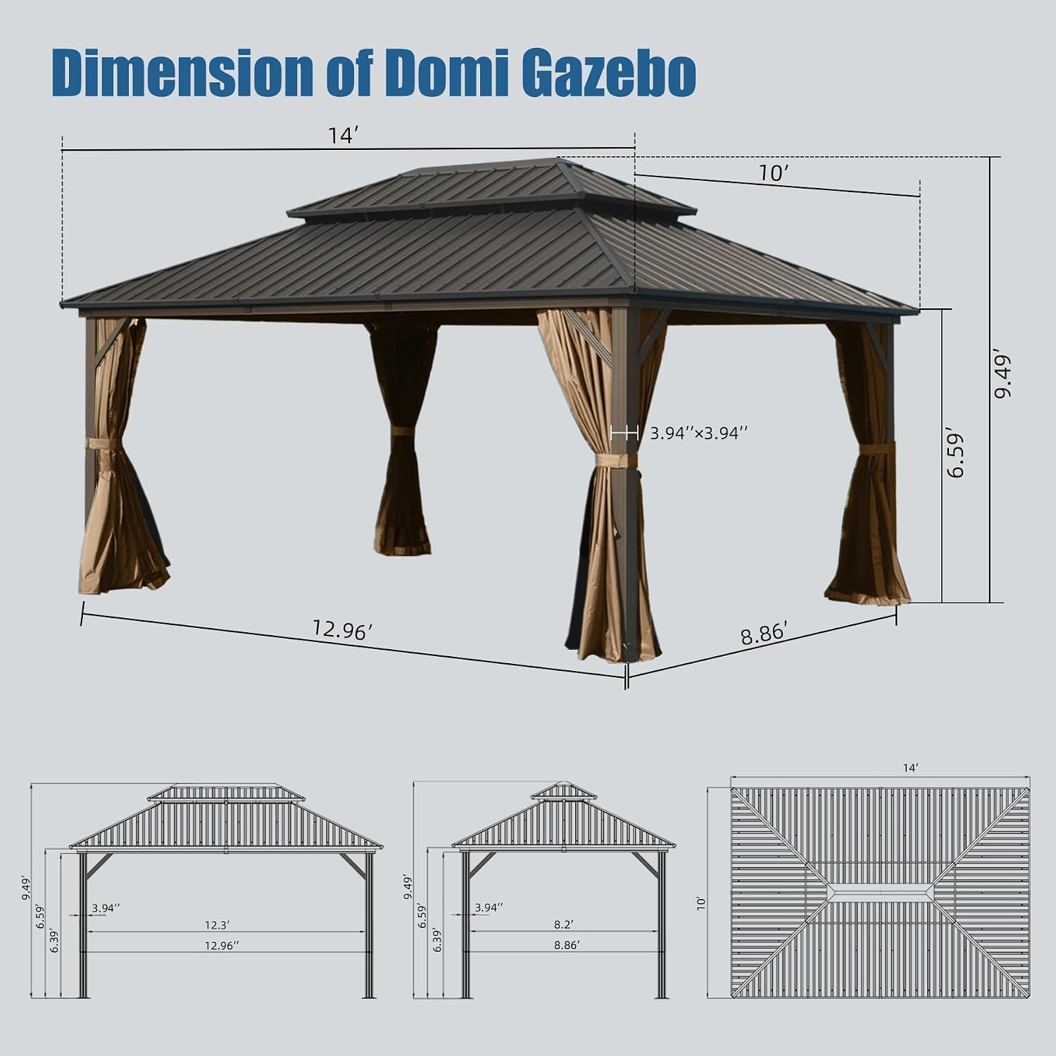 10' x 14' Hardtop Gazebo, Outdoor Metal Gazebo for Patios with Galvanized Steel Double Roof