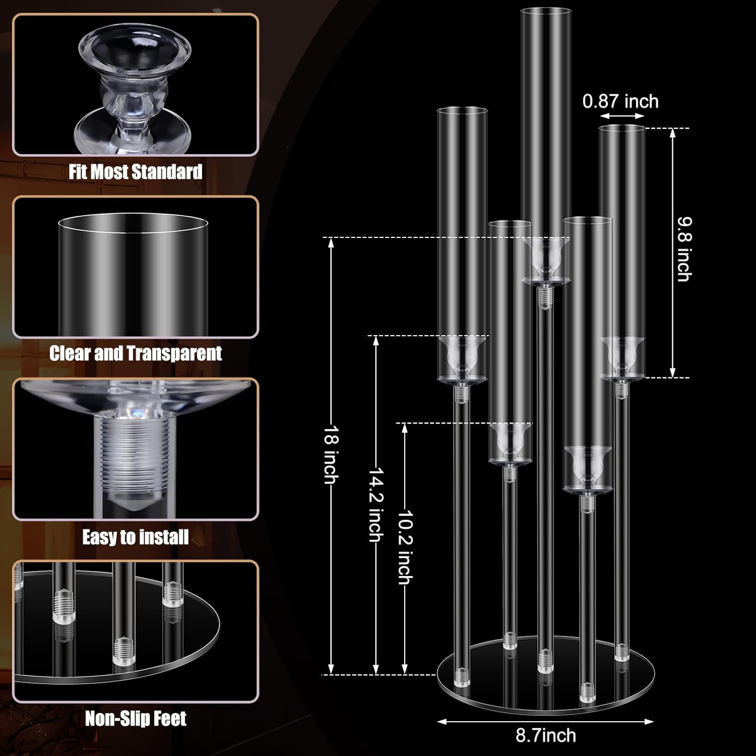 1 Set 5 Arm Acrylic Candelabra Holder Floor Clear Candle Centerpieces with LED Candles and Shade for Proposal