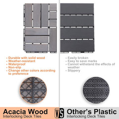 10 PCS Interlocking Deck Tiles, Solid Wood Patio Flooring Outdoor Waterproof, 12"x12"x0.8" Acacia Wood Tiles, Patio