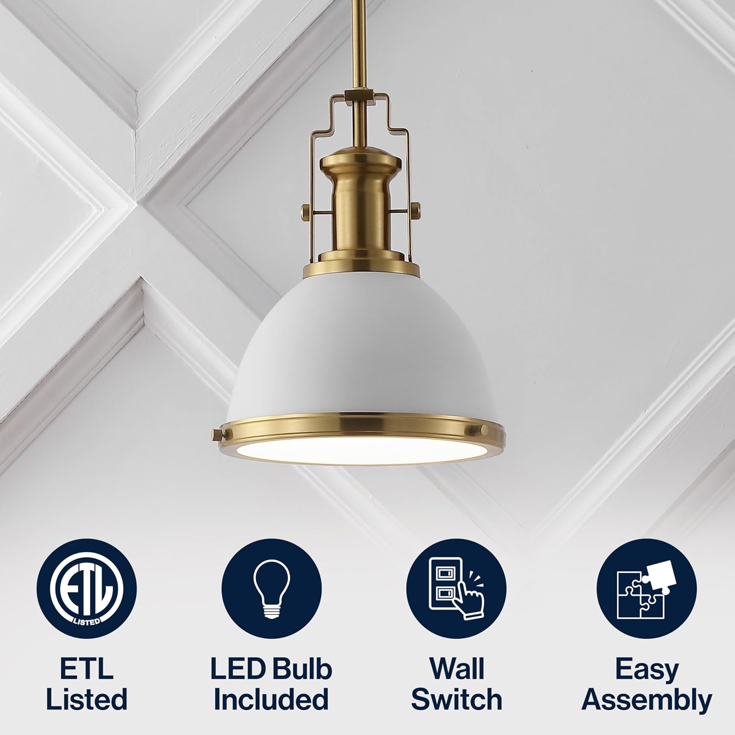 10" Brass Gold/White Modern Industrial Iron LED Dome Pendant Light, Adjustable Hanging Fixture for Kitchen Island or