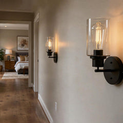 1-Light Black Bathroom Wall Sconce with Clear Glass Shade, Modern Vanity Light Fixture Over Mirror
