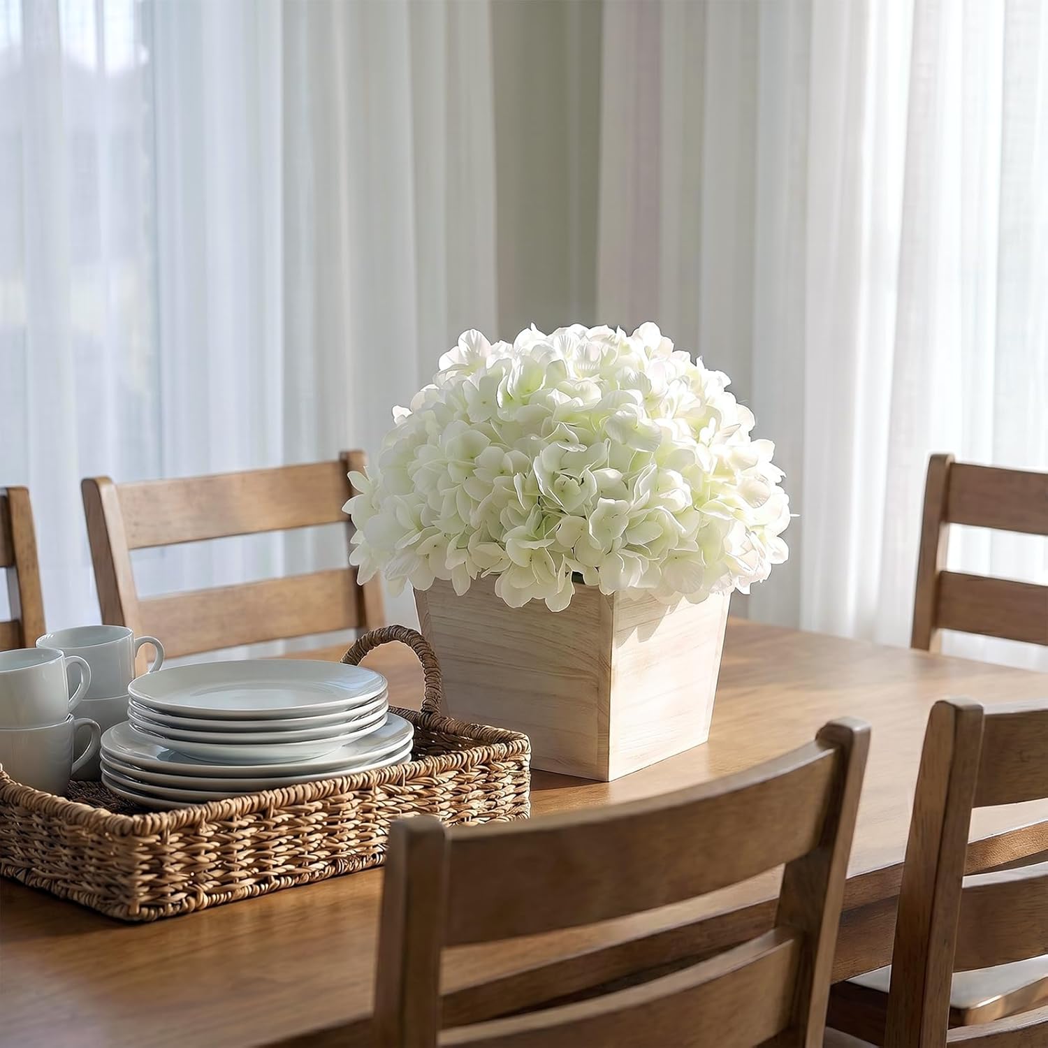 10" Artificial Hydrangea Flower in Planter for Table Centerpiece(White) | No Assembly Needed, Silk Faux Flowers in