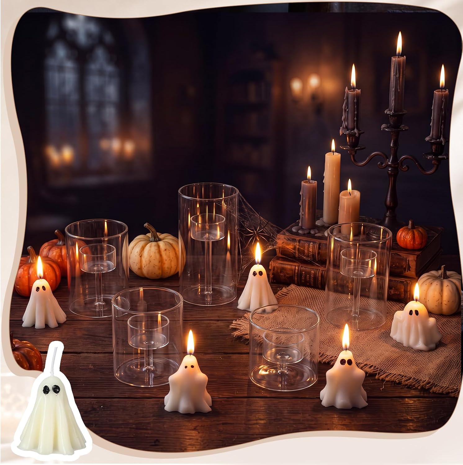 10 Pcs Halloween Glass Cylinder Hurricane Candle Holder with Halloween Ghost Candles, Clear Cylinder Pillar Candle