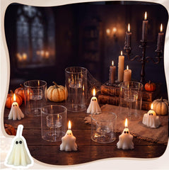 10 Pcs Halloween Glass Cylinder Hurricane Candle Holder with Halloween Ghost Candles, Clear Cylinder Pillar Candle