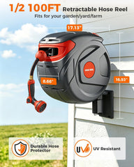 1/2 Inch 100FT Retractable Garden Hose Reel Wall-Mounted 180° Swivel 9-Patern Nozzle Automatic Slow Return Any Length