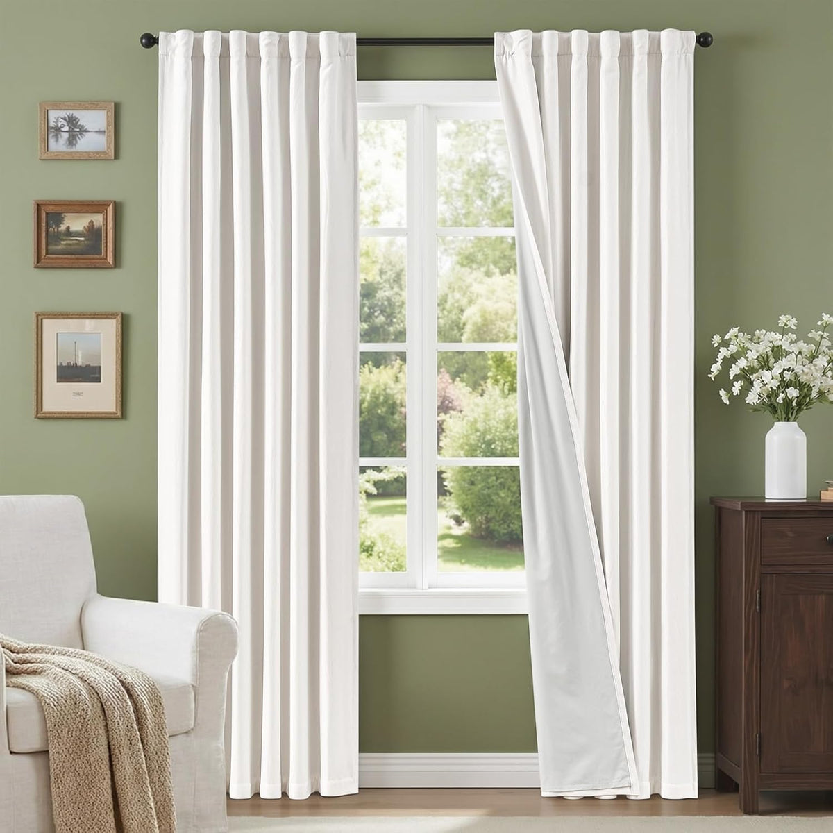 100% Blackout Curtains for Bedroom Decor White Linen Textured Curtains with Liner Insulated Thermal Curtains