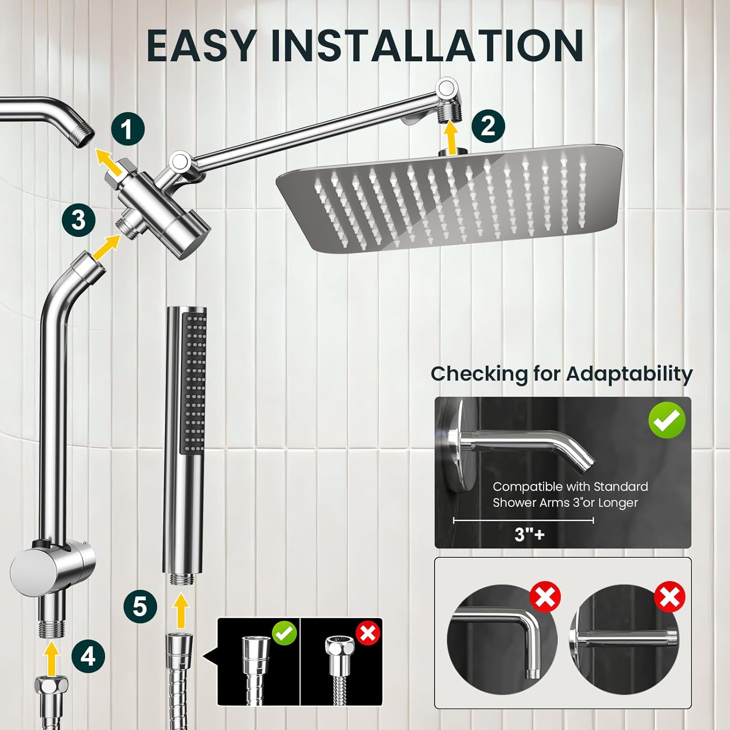 10" Luxurious Rain Shower Head with Handheld, High Pressure Rainfall Shower Heads wih Extension Arm