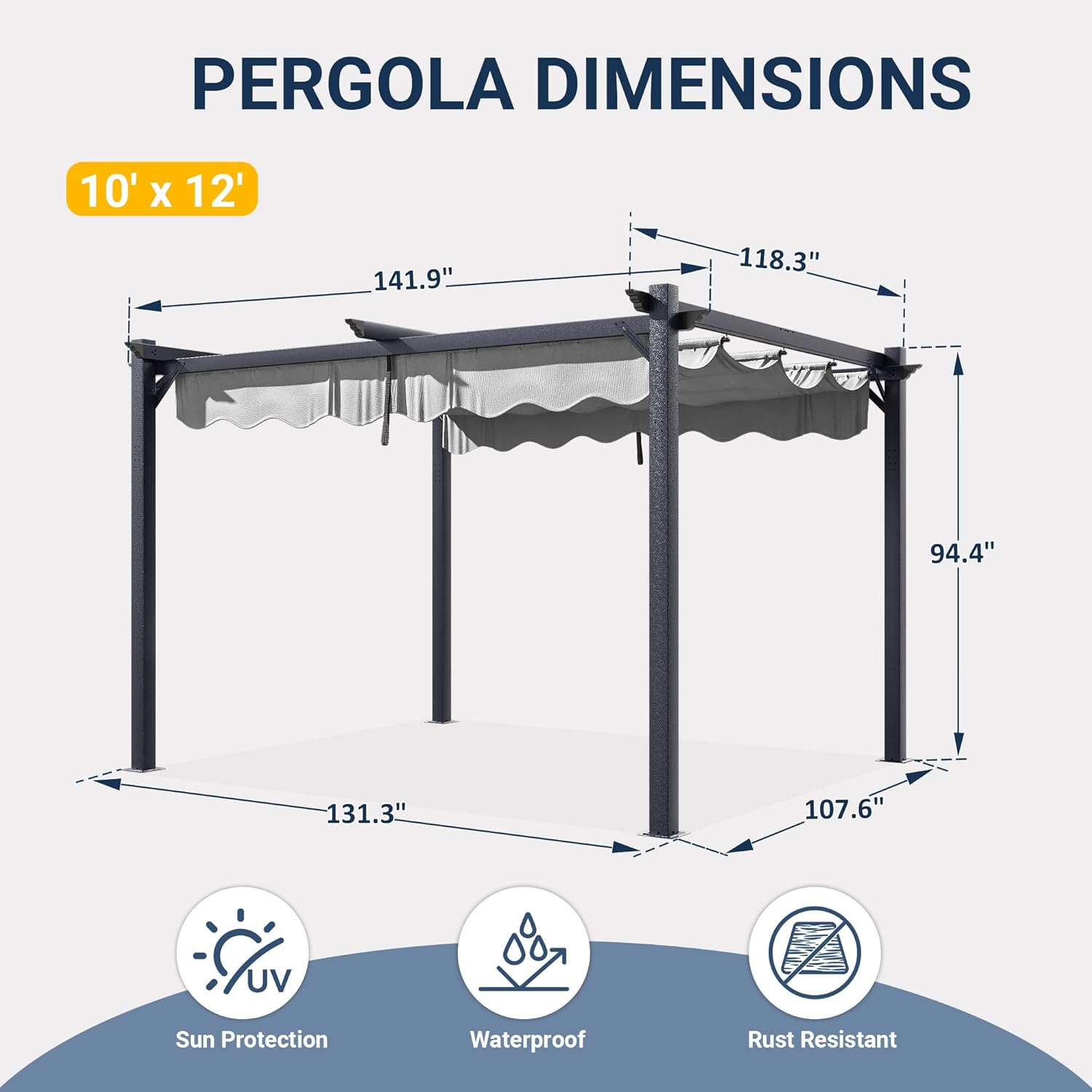 10'x12' Outdoor Pergola with Retractable Canopy, Patio Metal Heavy-Duty Gazebo Shelter