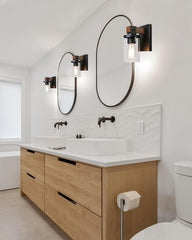 1-Light Wall Sconces Set of 2, Farmhouse Bathroom Vanity Light Fixtures, Wood Grain Black Wall Mount Light with Clear