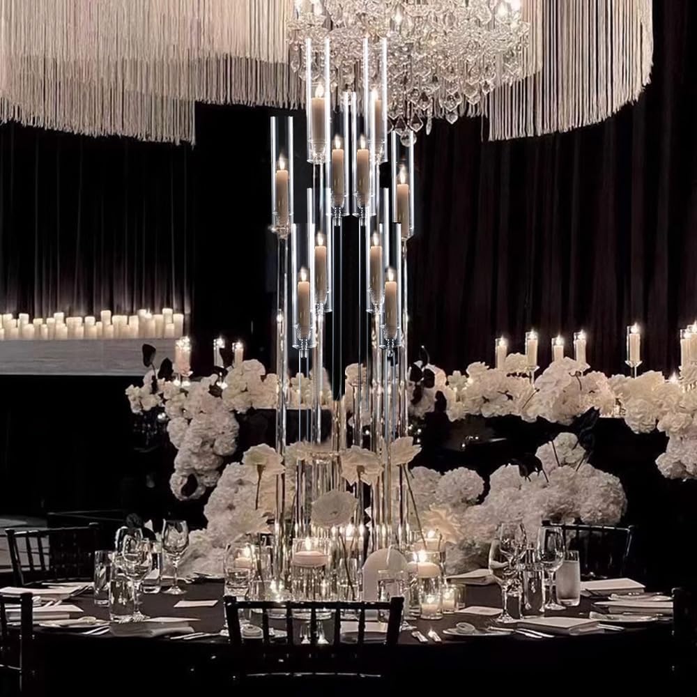 10 Arm Acrylic Candelabra Centerpieces, Floor Clear Tall Candlesticks Holder with Removable Lampshade, Fit 0.82" LED