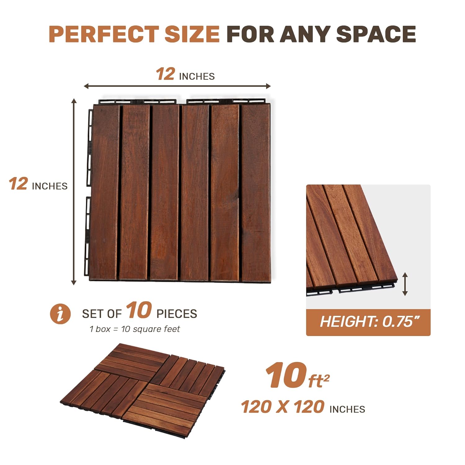 10 Pack Acacia Wood Interlocking Deck Tiles, 12x12 Outdoor Flooring, Non-Slip & Weather Resistant, Easy DIY Patio Tiles