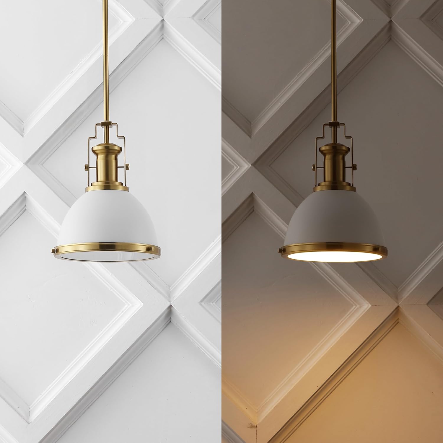10" Brass Gold/White Modern Industrial Iron LED Dome Pendant Light, Adjustable Hanging Fixture for Kitchen Island or